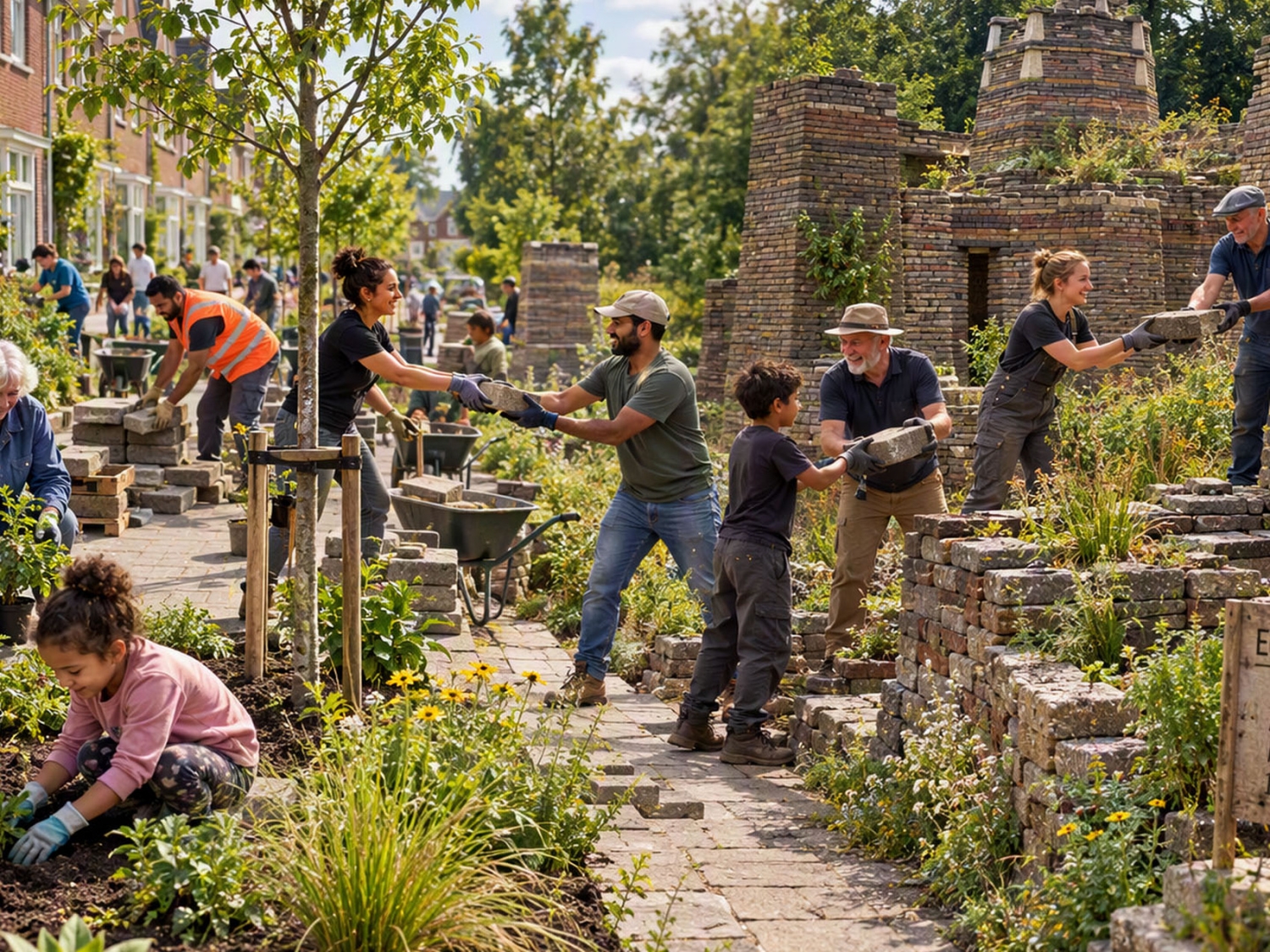 Impressie samenwerking tussen Steenbreek en de Stichting TIJD: tegels uit de tuin en in een ecokathedraal in de buurt. (illustratie: Govert Geldof / AI)
